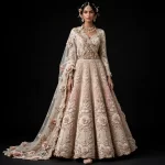 Blush Pink Champagne Gold Floral ExpensiveE Corset Bridal Lehenga with 3D Lotus Applique and Scalloped Cape - 455