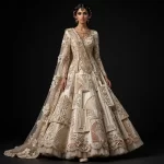Ivory Champagne Gold Art Deco Fan Expensive Geometric Sculpted Bridal Lehenga with 3D Pleated Panels and Cape - 456