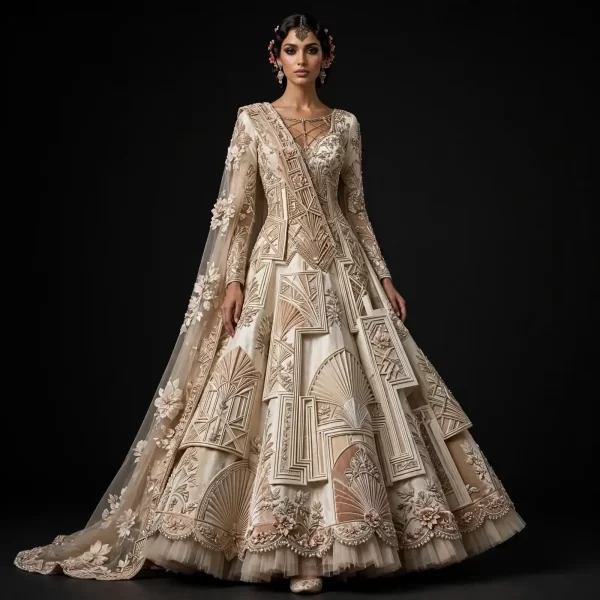 Ivory Champagne Gold Art Deco Fan ExpensiveE Geometric Sculpted Bridal Lehenga with 3D Pleated Panels and Cape - 456