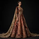Burgundy Rust Burnt Orange Gold Mirror Expensive Corset Bridal Lehenga with Diamond Mirror Border and Floral Cape - 458