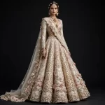 ExpensiveE  Ivory Blush Pink Corset Lattice Lehenga with Grid Mesh Side Cutout and 3D Rosettes and Saree Drape and Pearl Beaded Train Bridal Lehenga Heavy Embroidered - Ivory Blush Pink Corset Lattice Grid Mesh Side Cutout 3D Rosettes Saree Drape Pearl Beaded Train