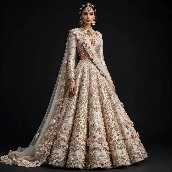 ExpensiveE  Ivory Blush Pink Corset Lattice Lehenga with Grid Mesh Side Cutout and 3D Rosettes and Saree Drape and Pearl Beaded Train Bridal Lehenga Heavy Embroidered - Ivory Blush Pink Corset Lattice Grid Mesh Side Cutout 3D Rosettes Saree Drape Pearl Beaded Train