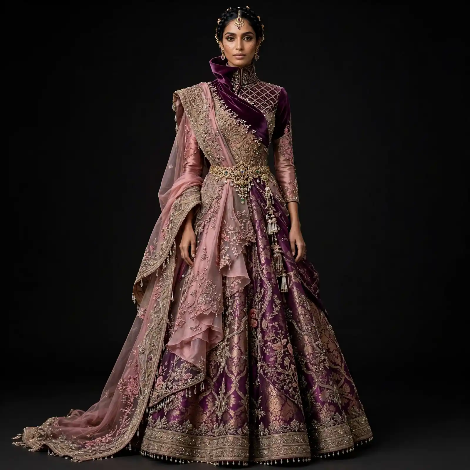 ExpensiveE Burgundy Blush Pink Temple Brocade Saree Lehenga with High Ruff Collar and Diamond Lattice Blouse and Ruffled Organza Saree Drape and Pearl Beaded Border Bridal Lehenga Heavy Embroidered - Burgundy Blush Pink Temple Brocade Saree High Ruff Collar Diamond Lattice Blouse Ruffled Organza Saree Drape Pearl Beaded Border