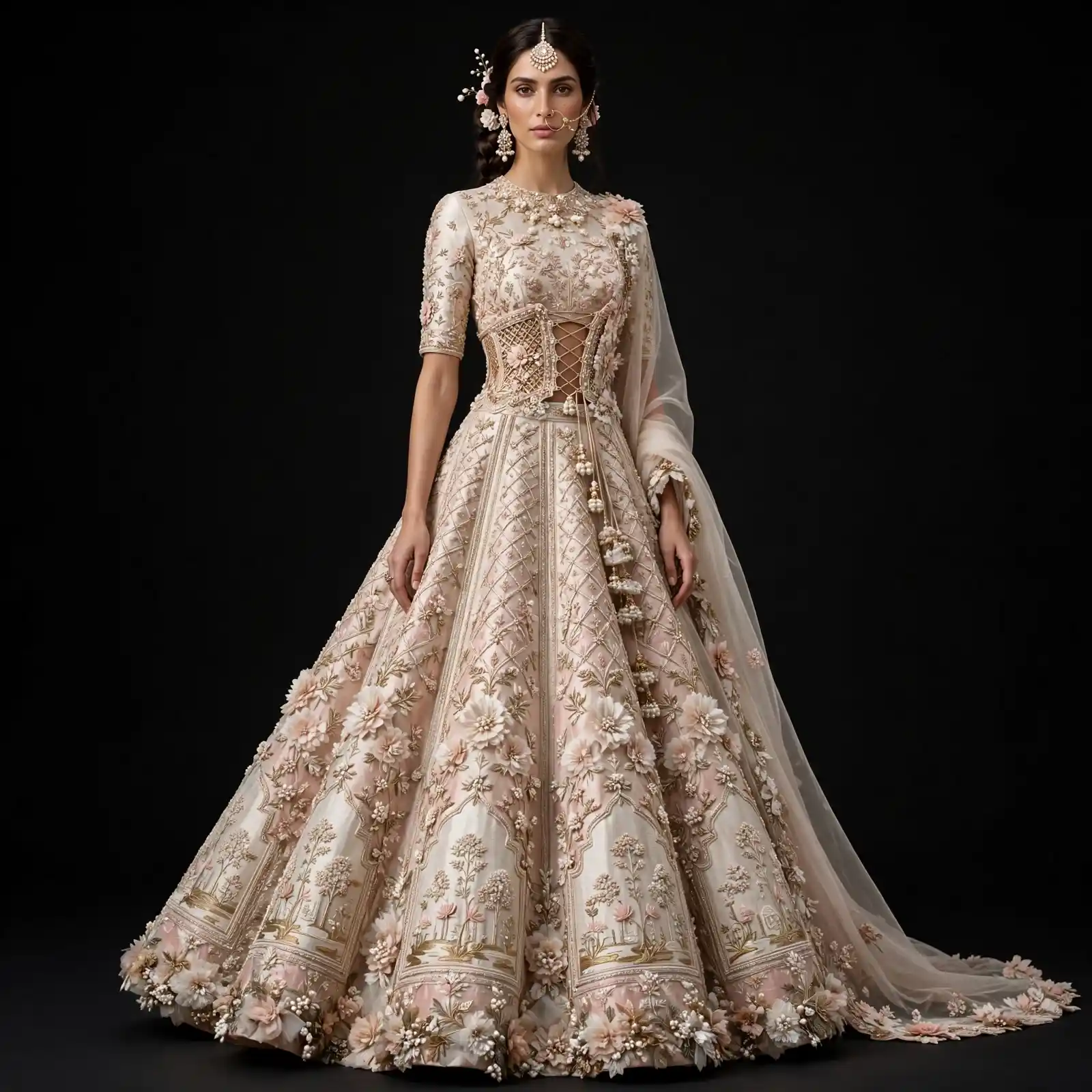 Expensivee Ivory Blush Pink Corset Lace-Up Lehenga with Mughal Garden Panels and Grid Lattice and 3D Rosettes and Tassel Saree Drape and Pearl Lace Cape Bridal Lehenga Heavy Embroidered - Ivory Blush Pink Corset Lace-Up Mughal Garden Panels Grid Lattice 3D Rosettes Tassel Saree Drape Pearl Lace Cape
