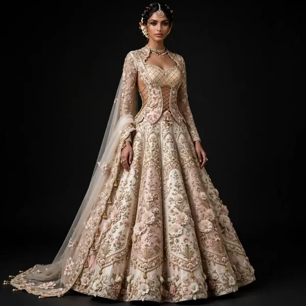 ExpensiveE  Ivory Blush Pink Corset Lehenga with Long Net Sleeves and Lace-Up Side Cutout and Mughal Arch Panels and 3D Rosettes and Scalloped Saree Drape Bridal Lehenga Heavy Embroidered - Ivory Blush Pink Corset Long Net Sleeves Lace-Up Side Cutout Mughal Arch Panels 3D Rosettes Scalloped Saree Drape