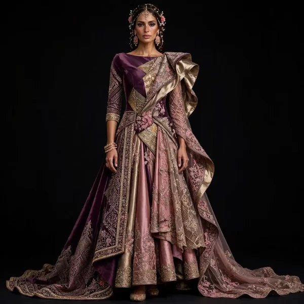 ExpensiveE  Burgundy Blush Pink Art Deco Origami Saree Lehenga with Geometric Panels and Temple Arch and Gold Brocade and Ruffled Saree Drape and Cape Bridal Lehenga Heavy Embroidered - Burgundy Blush Pink Art Deco Origami Saree Geometric Panels Temple Arch Gold Brocade Ruffled Saree Drape Cape