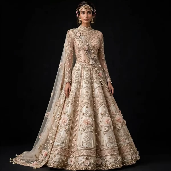 ExpensiveE  Ivory Blush Pink Temple Palace Arch Lehenga with High Collar and Mughal Garden Panels and 3D Rosettes and Pearl Beaded Border and Saree Drape Bridal Lehenga Heavy Embroidered - Ivory Blush Pink Temple Palace Arch High Collar Mughal Garden Panels 3D Rosettes Pearl Beaded Border Saree Drape