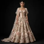 Expensivee Ivory Blush Pink Corset Lehenga with Puff Sleeves and Lace-Up Front and Grid Lattice Diagonal Panels and 3D Rosettes and Saree Drape Bridal Lehenga Heavy Embroidered - Ivory Blush Pink Corset Puff Sleeves Lace-Up Front Grid Lattice Diagonal Panels 3D Rosettes Saree Drape