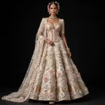 Expensivee Ivory Blush Pink Corset Lehenga with Checkered Net Sleeves and Pearl Lattice and 3D Rosettes and Grid Lattice and Gold Brocade Border and Saree Drape Bridal Lehenga Heavy Embroidered - Ivory Blush Pink Corset Checkered Net Sleeves Pearl Lattice 3D Rosettes Grid Lattice Gold Brocade Border Saree Drape
