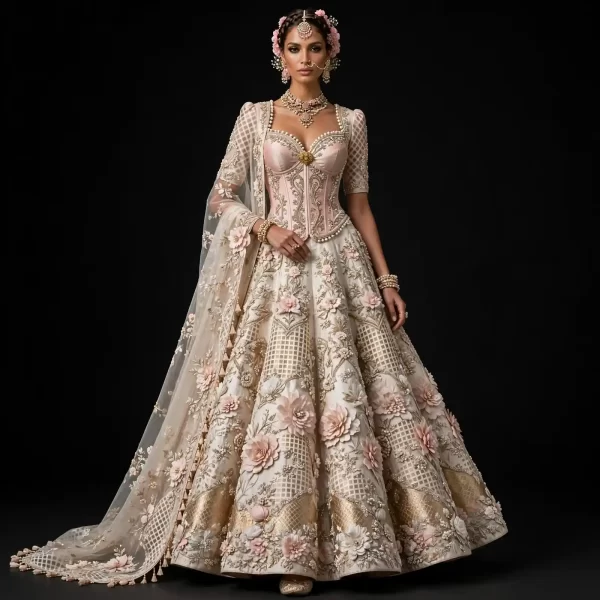 ExpensiveE  Ivory Blush Pink Corset Lehenga with Checkered Net Sleeves and Pearl Lattice and 3D Rosettes and Grid Lattice and Gold Brocade Border and Saree Drape Bridal Lehenga Heavy Embroidered - Ivory Blush Pink Corset Checkered Net Sleeves Pearl Lattice 3D Rosettes Grid Lattice Gold Brocade Border Saree Drape