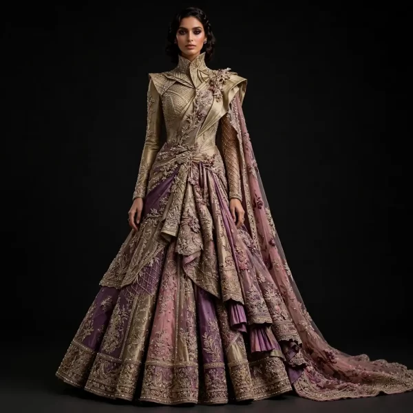 ExpensiveE  Burgundy Blush Pink Gold Brocade Art Deco Saree Lehenga with High Collar and Pleated Ruffled Panels and Zigzag Origami and Pearl Beaded Saree Drape Bridal Lehenga Heavy Embroidered - Burgundy Blush Pink Gold Brocade Art Deco Saree High Collar Pleated Ruffled Panels Zigzag Origami Pearl Beaded Saree Drape
