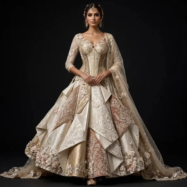 ExpensiveE  Ivory Champagne Gold Origami Corset Lehenga with Corset Lattice and Geometric Fold Panels and 3D Rosettes and Saree Drape Bridal Lehenga Heavy Embroidered - Ivory Champagne Gold Origami Corset Lattice Geometric Fold Panels 3D Rosettes Saree Drape