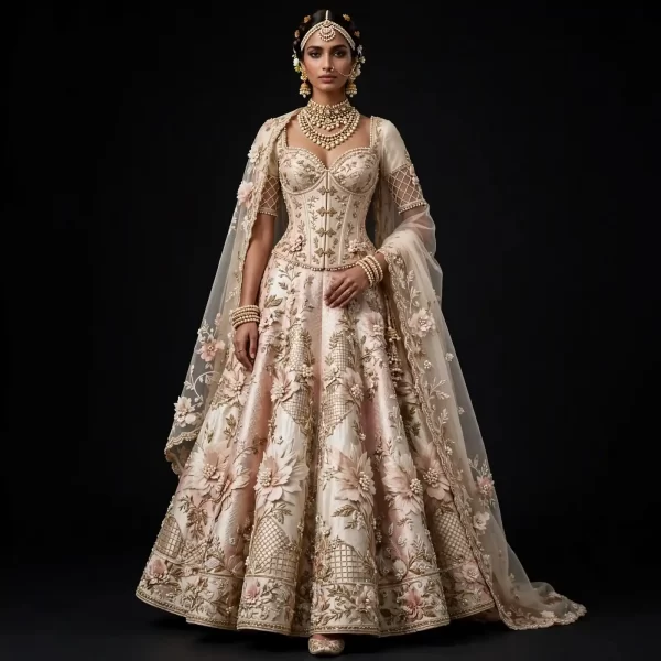 ExpensiveE  Ivory Blush Corset Bridal Lehenga Heavy 3D Floral Embroidery