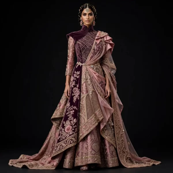 ExpensiveE  Royal Plum Velvet Draped Bridal Lehenga Saree Fusion
