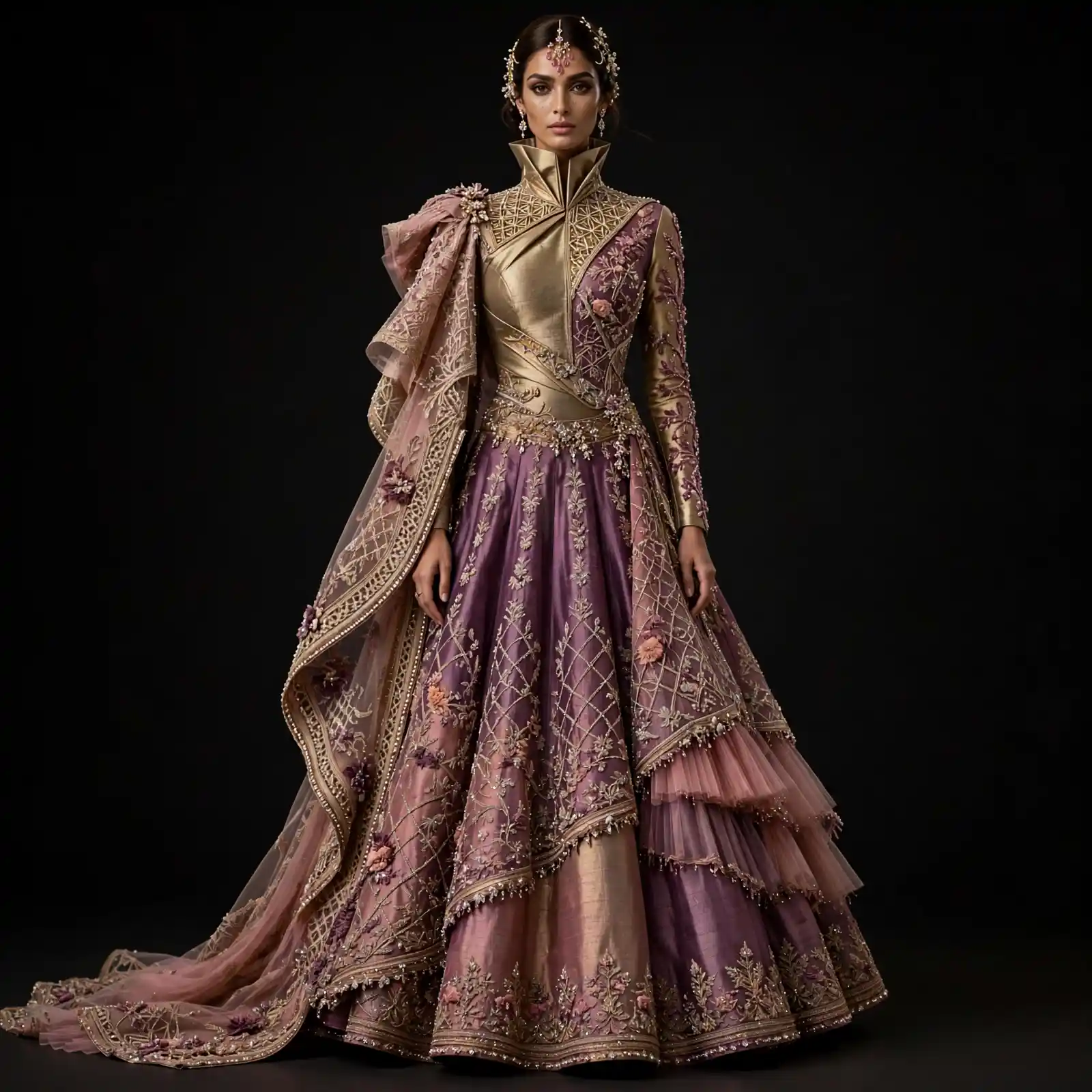 Expensivee Antique Gold Purple Regal Ruffle Bridal Lehenga Set