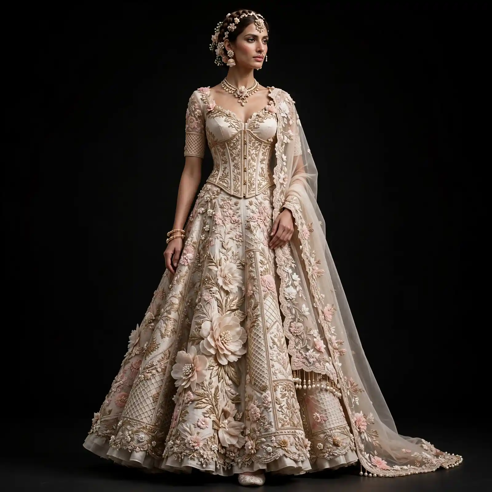 Expensivee Ivory Pearl Corset Bridal Lehenga with 3D Rose Applique