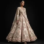 ExpensiveE  Ivory Mughal Garden Anarkali Bridal Lehenga with Palace Motif
