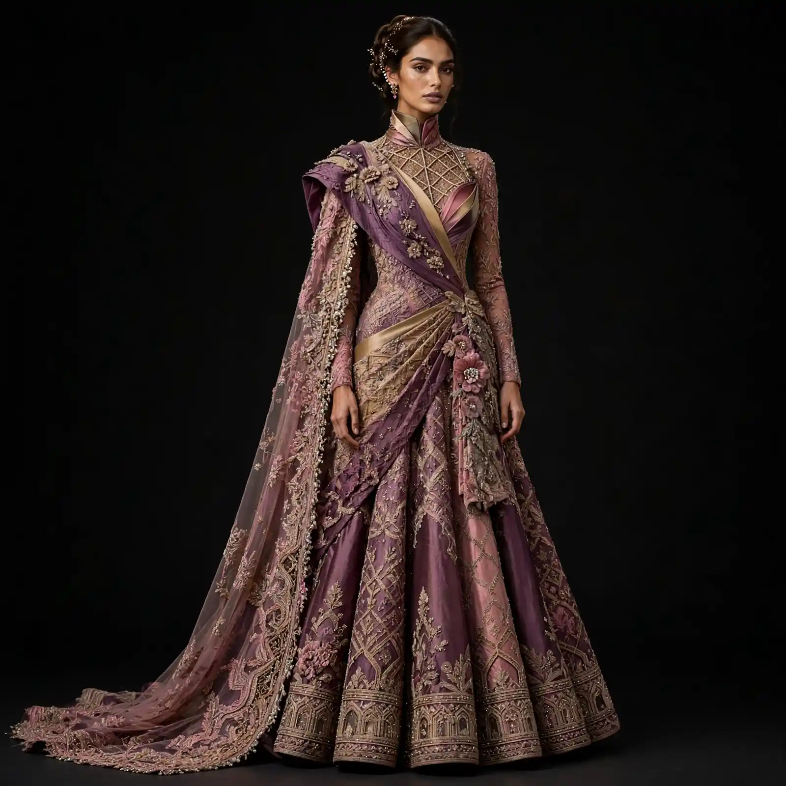 Expensivee Dusty Rose Plum Empress Bridal Lehenga Saree Gown