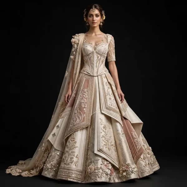 ExpensiveE  Architectural Ivory Corset Bridal Lehenga with Geometric Panels