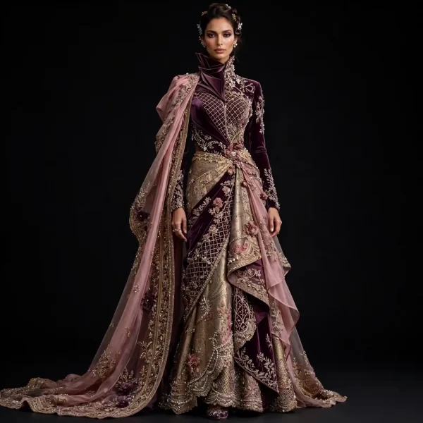 ExpensiveE  Burgundy Velvet Monarch Bridal Lehenga with Blush Cape