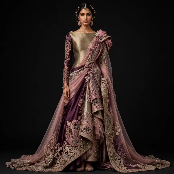 ExpensiveE  Royal Amethyst Gold Banarasi Bridal Lehenga Saree Gown