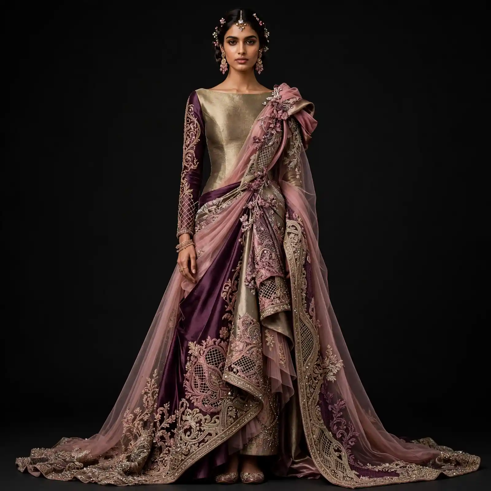ExpensiveE Royal Amethyst Gold Banarasi Bridal Lehenga Saree Gown