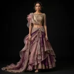 ExpensiveE  Ruffled Organza Plum & Gold Bridal Lehenga Saree