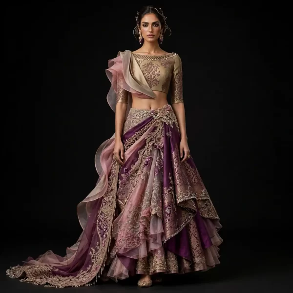 ExpensiveE  Ruffled Organza Plum & Gold Bridal Lehenga Saree