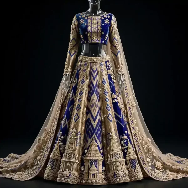 Blue Temple Expensive Royal Blue Gold Ikat Diamond Temple Bridal Lehenga Collection with Cape