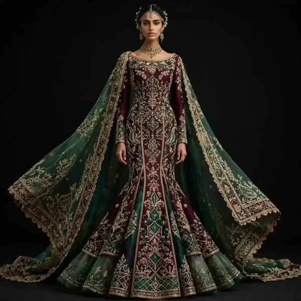 Emerald Maharani Expensive Wine Burgundy Emerald Green Velvet Heavy Temple Mermaid Lehenga with Cape