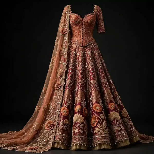 Rajwada Blossom ExpensiveE Maroon Gold Corset Lehenga with 3D Floral Applique