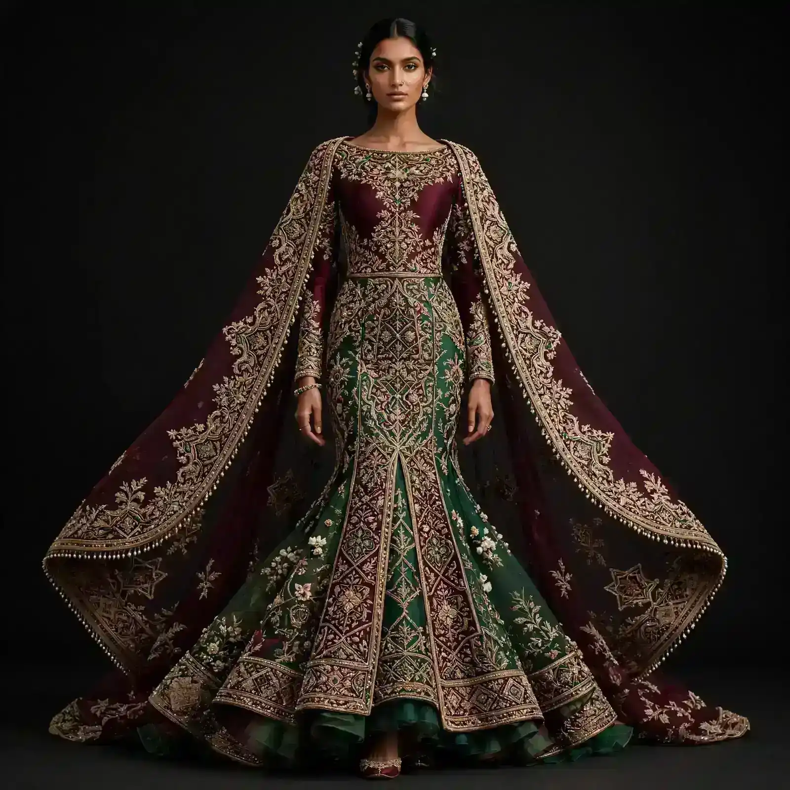 Emerald Varanasi Expensive Maroon Green Mermaid Lehenga with Temple Cape and Pearl Border