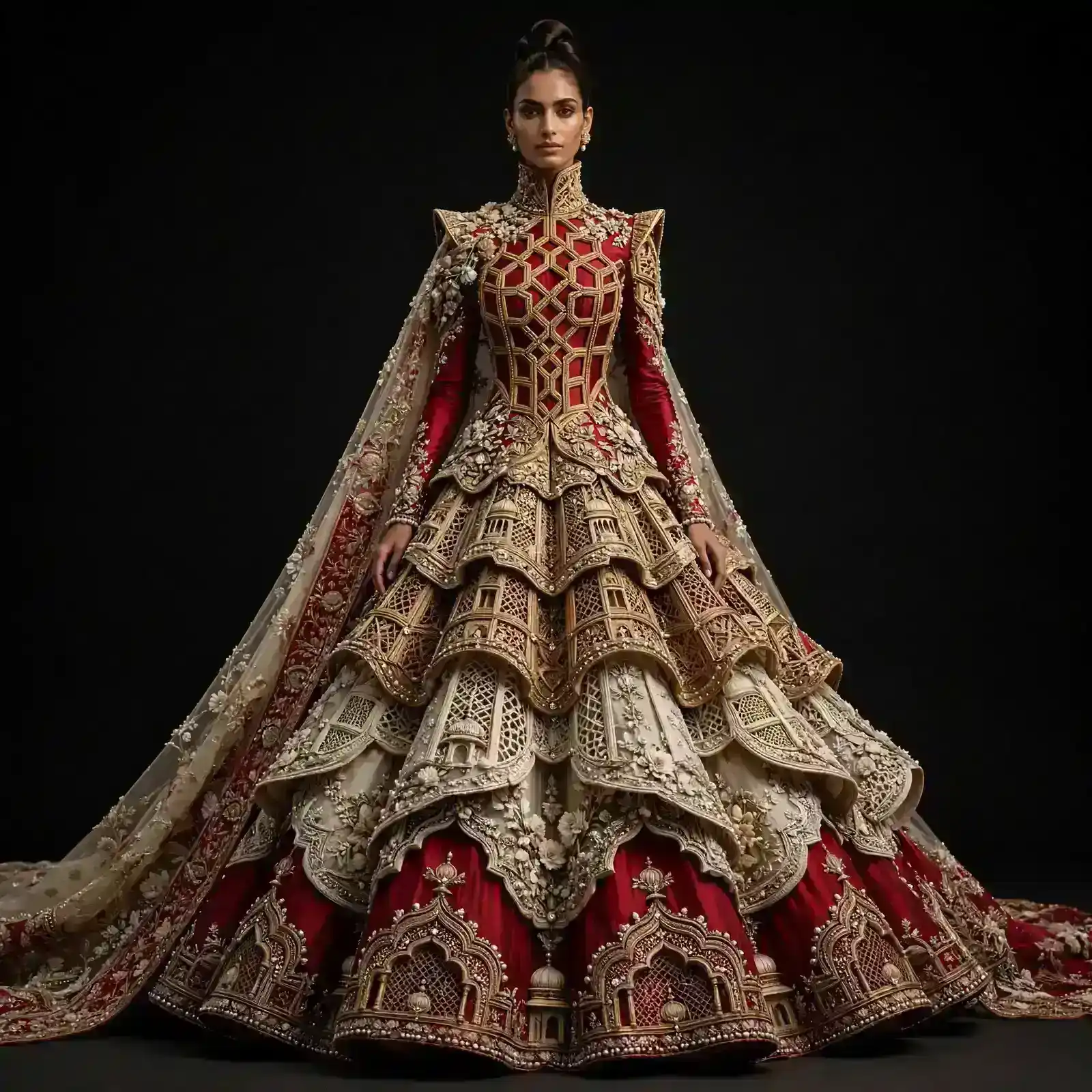 Imperial Red Ivory Palace Jali Expensive Heavily Embroidered Bridal Lehenga with Cape and 3D Temple Architecture