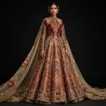 Burgundy Gold Diamond Mirror Expensive Mirror-Work Bridal Lehenga with Cape and 3D Floral Applique
