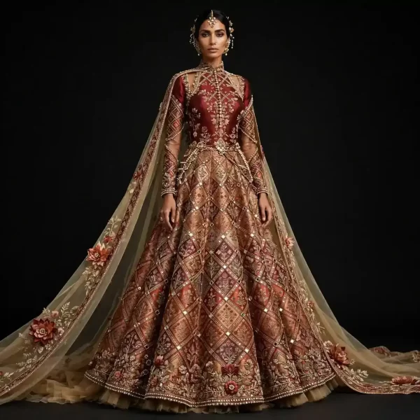 Burgundy Gold Diamond Mirror ExpensiveE Mirror-Work Bridal Lehenga with Cape and 3D Floral Applique