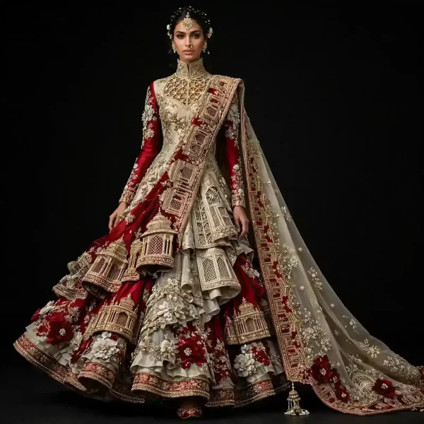 Ivory Red Gold Palace Jali ExpensiveE Saree Draped Temple Lehenga with 3D Jharokha Lanterns