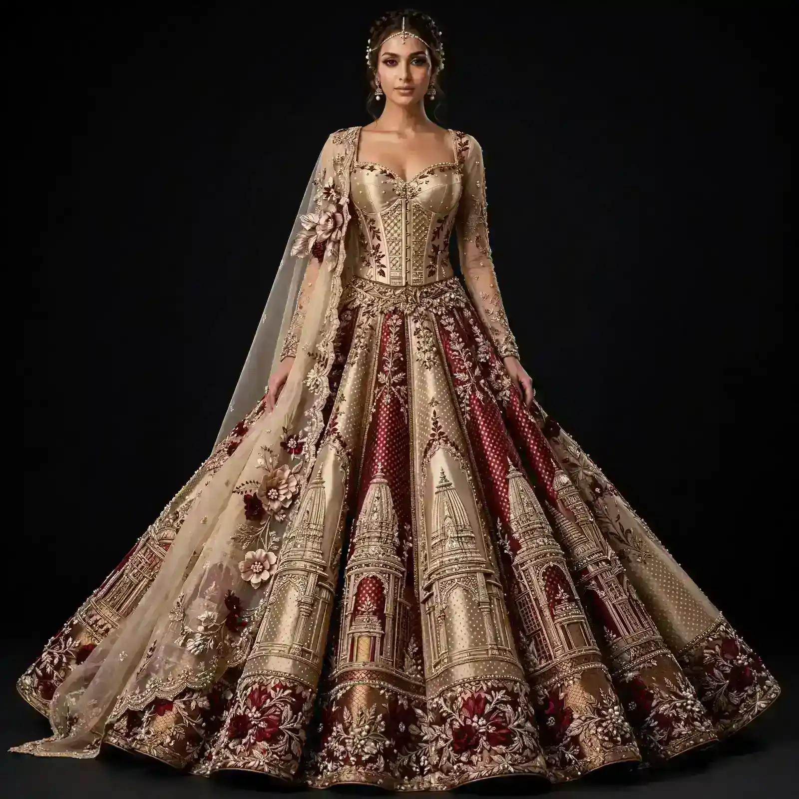 Gold Burgundy Red Temple Shikhar Expensive Corset Lehenga with Temple Tower Border