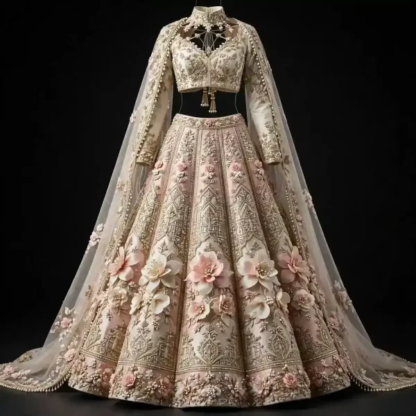 Blush Pink Ivory Temple Palace ExpensiveE Floral 3D Applique Bridal Lehenga with Cape