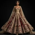 Expensive Royal Gold Maroon Temple Mahal Bridal Lehenga Heavy Architectural Embroidery Work 89