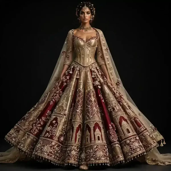 Expensive Royal Gold Maroon Temple Mahal Bridal Lehenga Heavy Architectural Embroidery Work 89