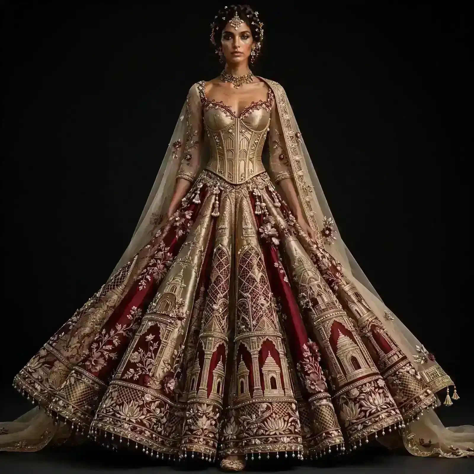 ExpensiveE Royal Gold Maroon Temple Mahal Bridal Lehenga Heavy Architectural Embroidery Work 89