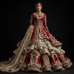 ExpensiveE Ruby Red Ivory Gold Temple Cage Bridal Lehenga Heavy Ruffle Layer Work 94