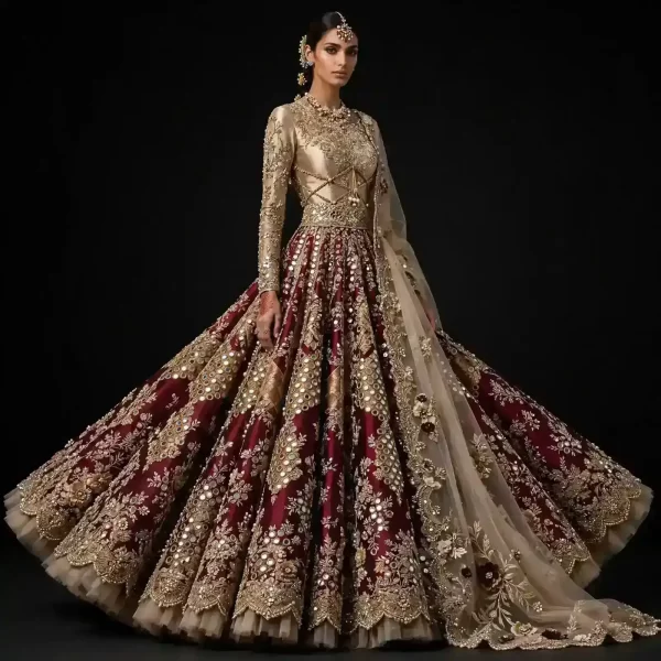 Expensive Burgundy Gold Mirror Shisha Bridal Lehenga Heavy Floral Mirror Work 96