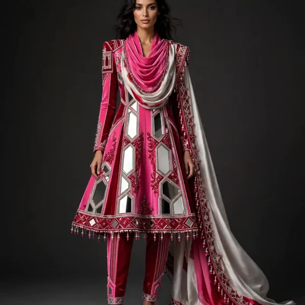 Expensivee Hot Pink Mirror Maze Velvet Anarkali Salwar Suit