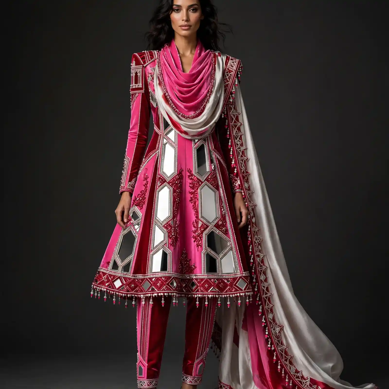 Expensivee Hot Pink Mirror Maze Velvet Anarkali Salwar Suit