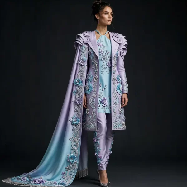 ExpensiveE Lilac Cloud Blue 3D Floral Baroque Cape Gown Suit