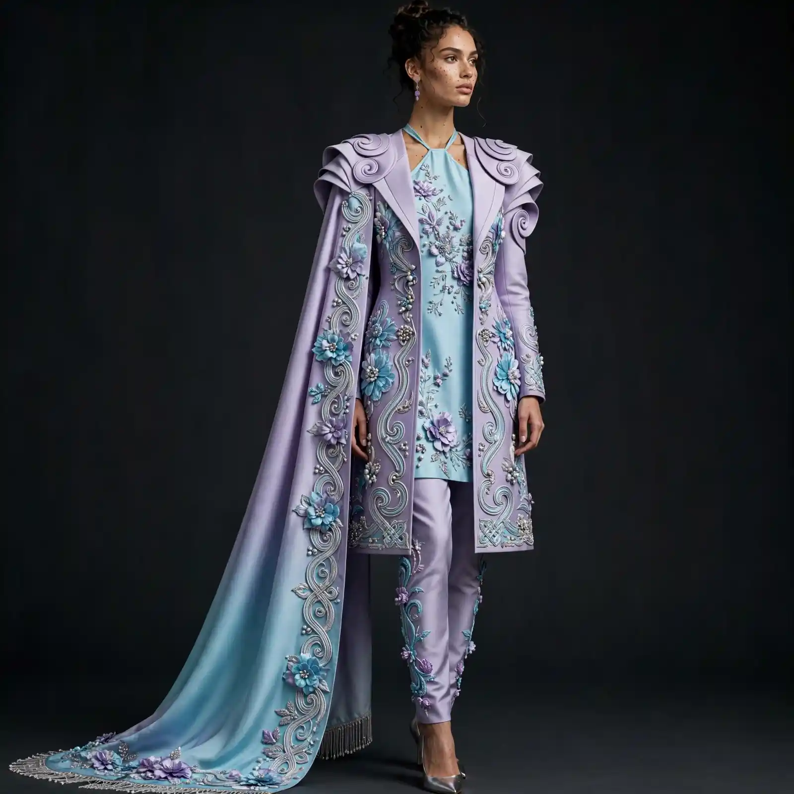 Expensivee Lilac Cloud Blue 3D Floral Baroque Cape Gown Suit
