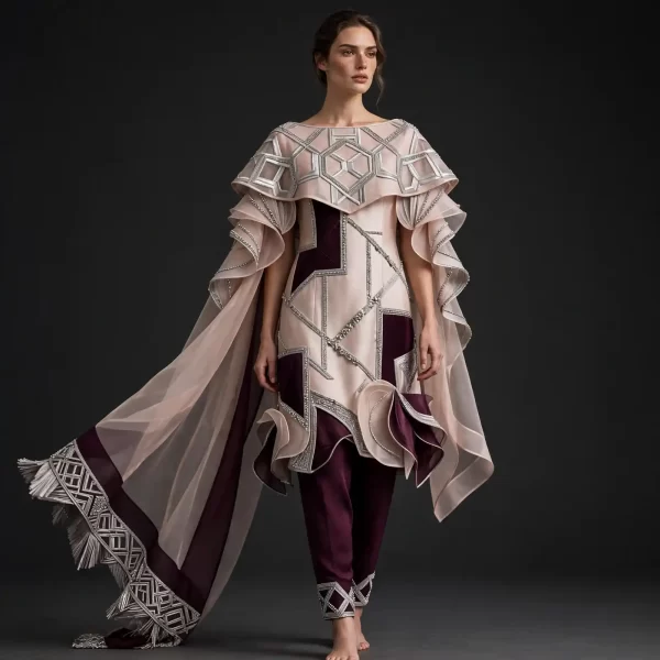 Expensivee Blush Nude Burgundy Silver Armor Ruffle Suit