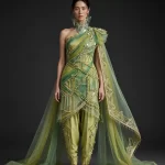 ExpensiveE  Ivory Peacock Feather Temple Peplum Bridal Saree