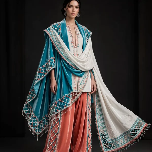 ExpensiveE Ivory Temple Fan Halo Couture Architectural Bridal Saree